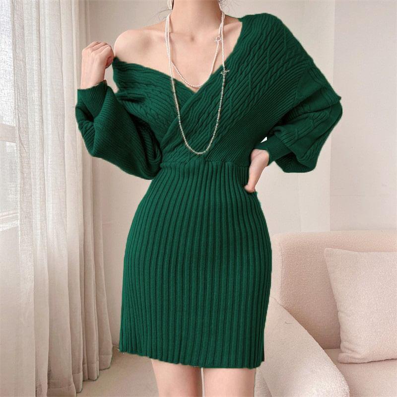 Long-Sleeve V-Neck Plain Wrap Cable Knit Mini Sweater Dress Product Image