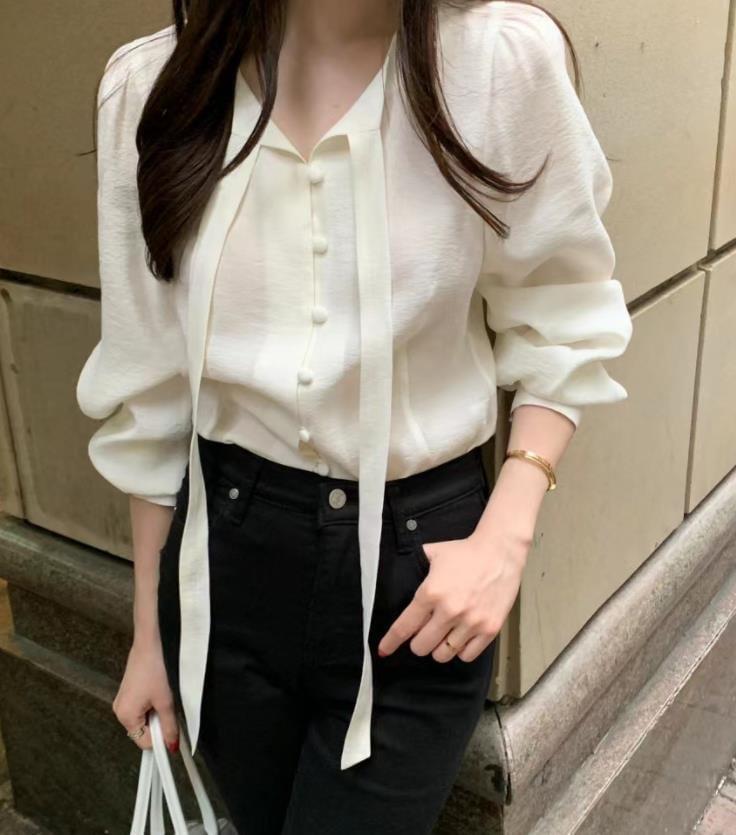 Puff-Sleeve Plain Button-Up Blouse Product Image