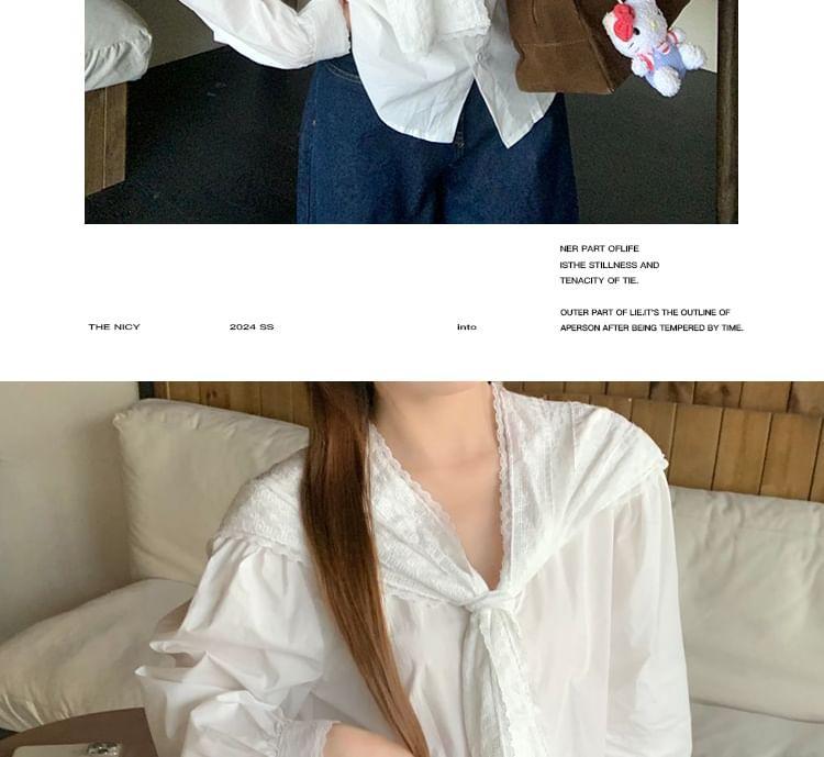 Long-Sleeve V-Neck Mock Two-Piece Plain Lace Trim Button-Up Blouse Product Image