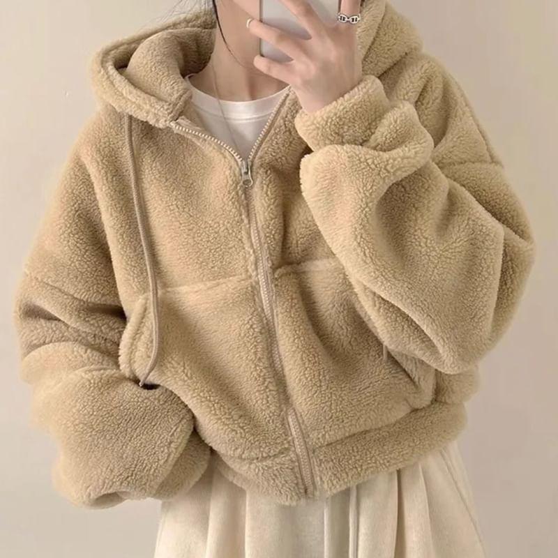 Plain Zip Faux Shearling Cropped Hoodie Product Image