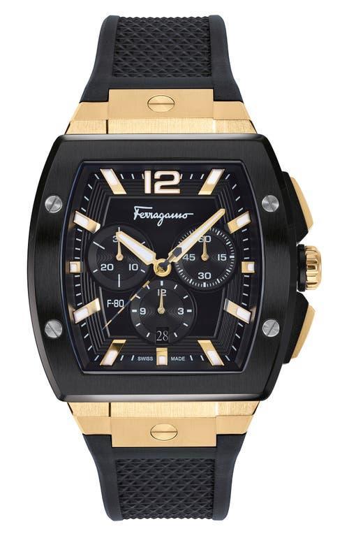 Salvatore Ferragamo Mens Swiss Chronograph F-80 Tonneau Black Silicone Strap Watch 42mm Product Image