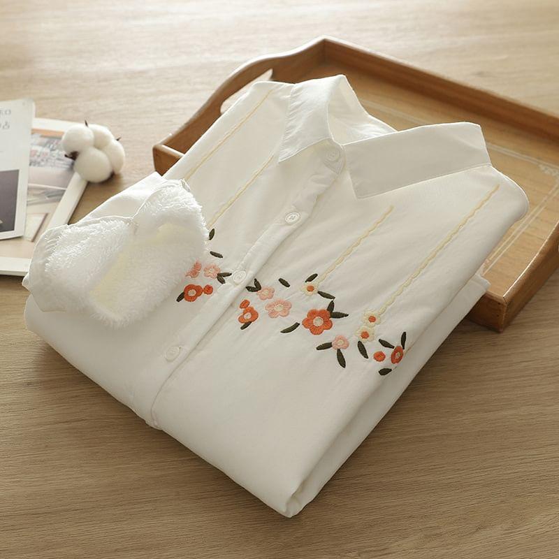 Long Sleeve Collared Floral Embroidered Shirt Product Image