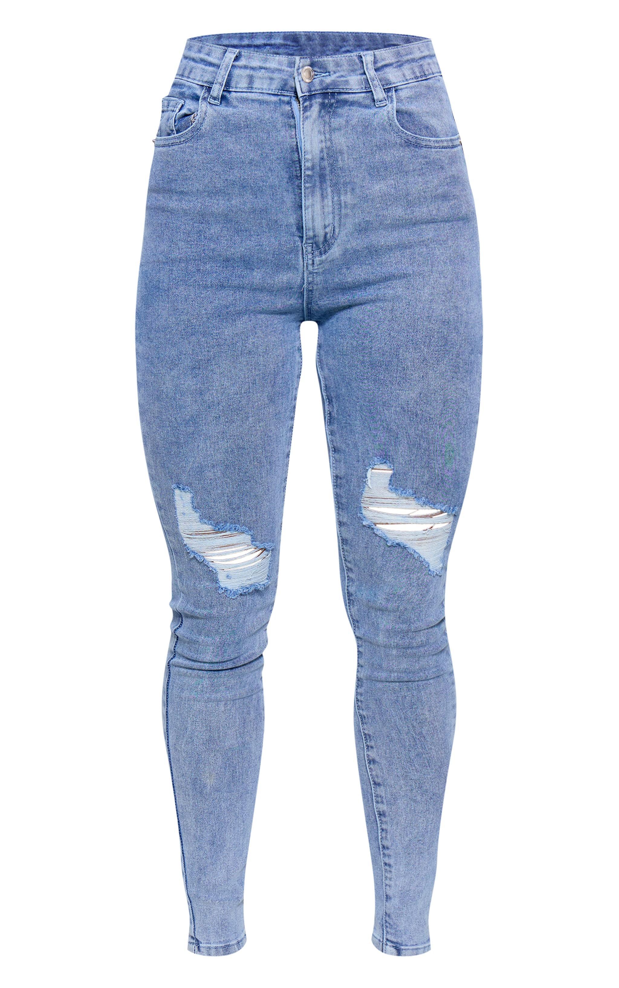 PRETTYLITTLETHING Vintage Wash Knee Rip 5 Pocket Skinny Jeans Product Image