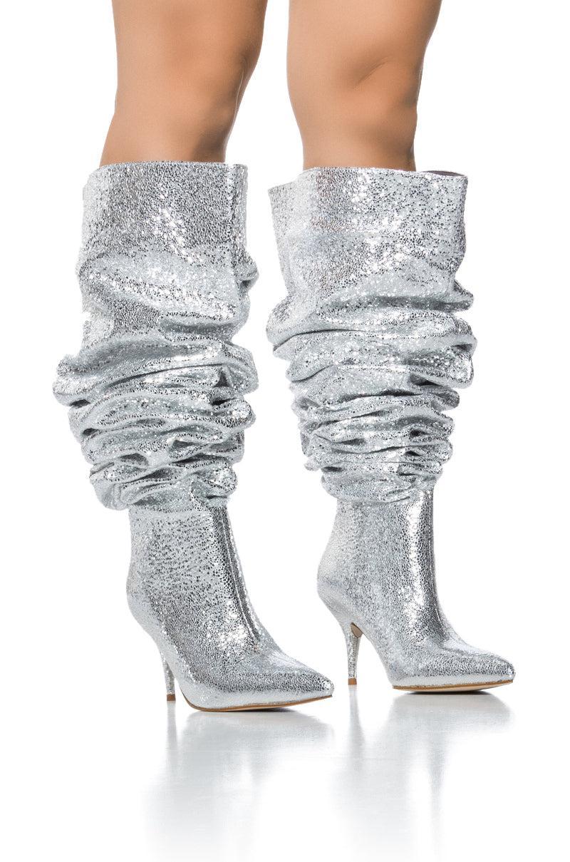 AZALEA WANG SEIRA SCRUNCHED METALLIC THIGH HIGH BOOT IN SILVER Product Image