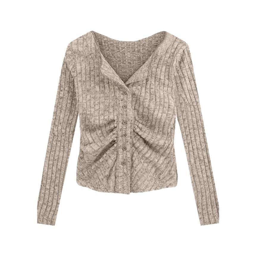 Long-Sleeve V-Neck Melange Button Ribbed Knit Top Product Image