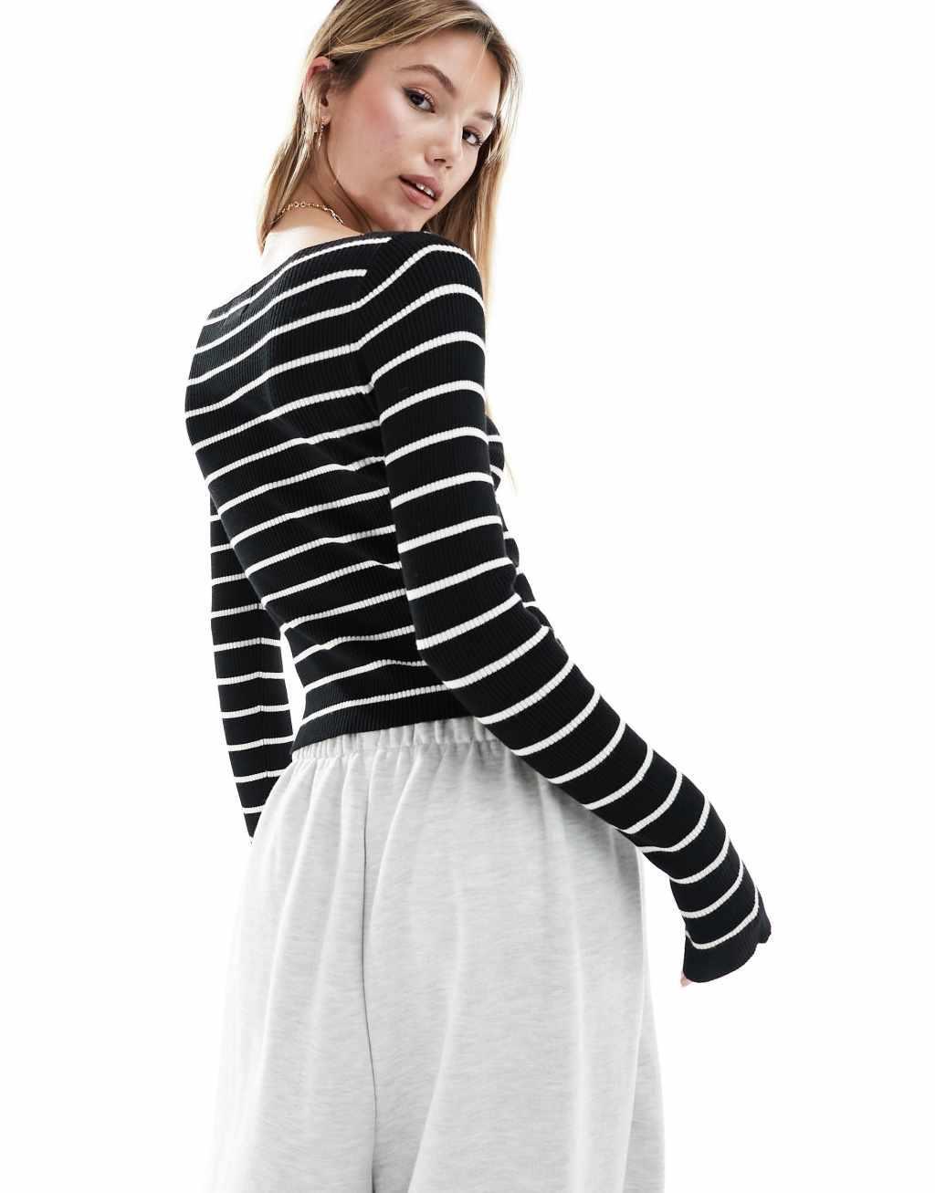 ASOS DESIGN knit boat neck long sleeve top in mono stripe Product Image