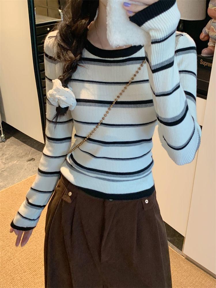 Long-Sleeve Striped Knit Top Product Image