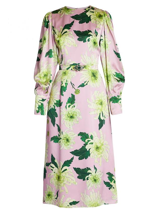 Womens Floral Puff-Sleeve Belted Midi-Dress Product Image