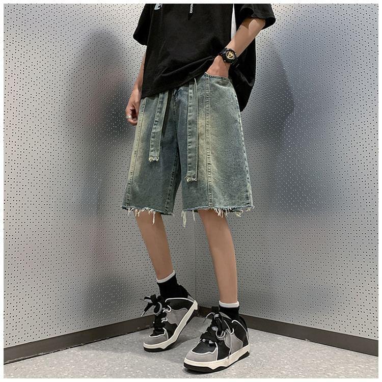 High Waist Frayed Denim Shorts Product Image