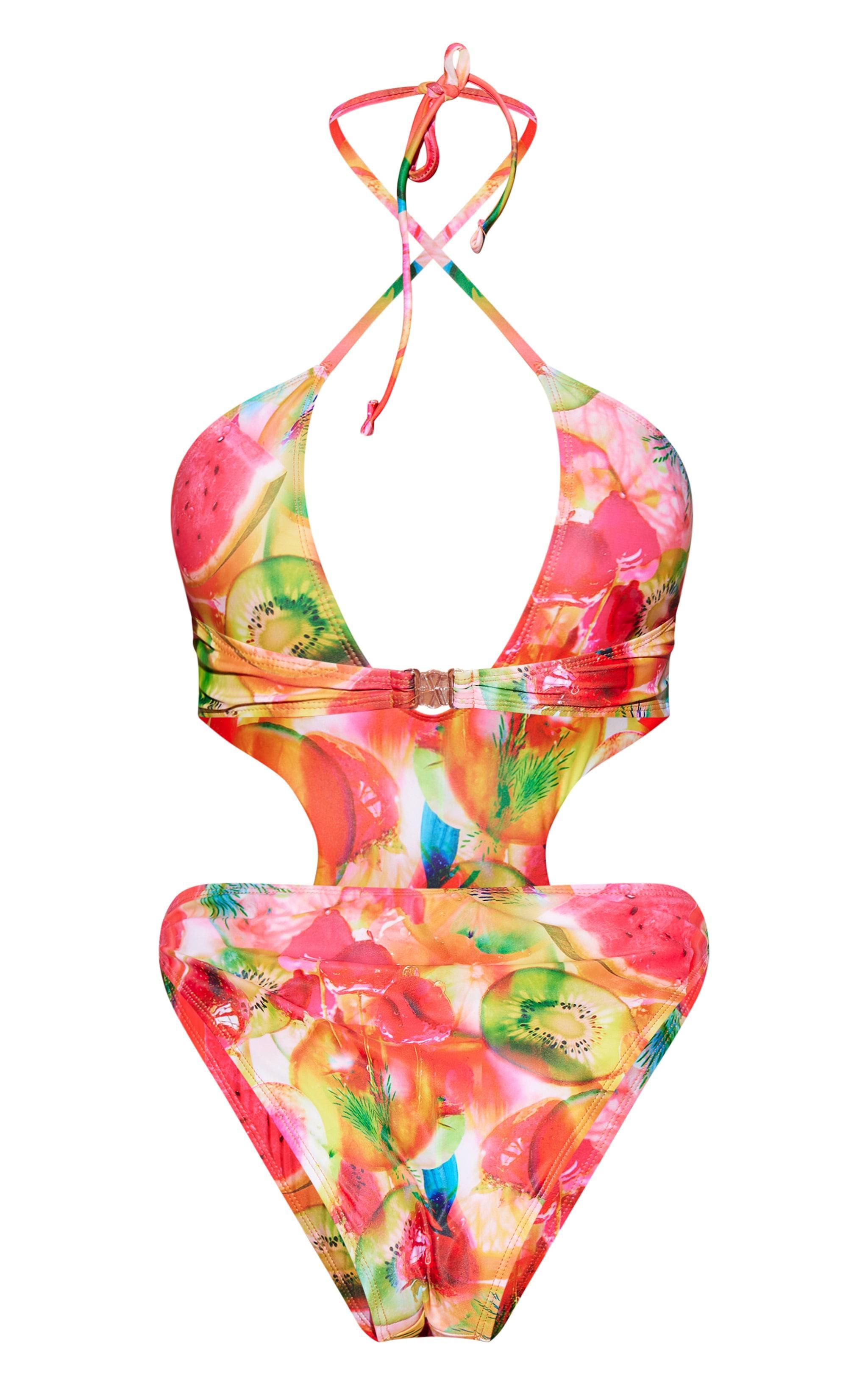 Multi Blurred Fruit Print Halter Neck Cut Out Swimsuit Product Image