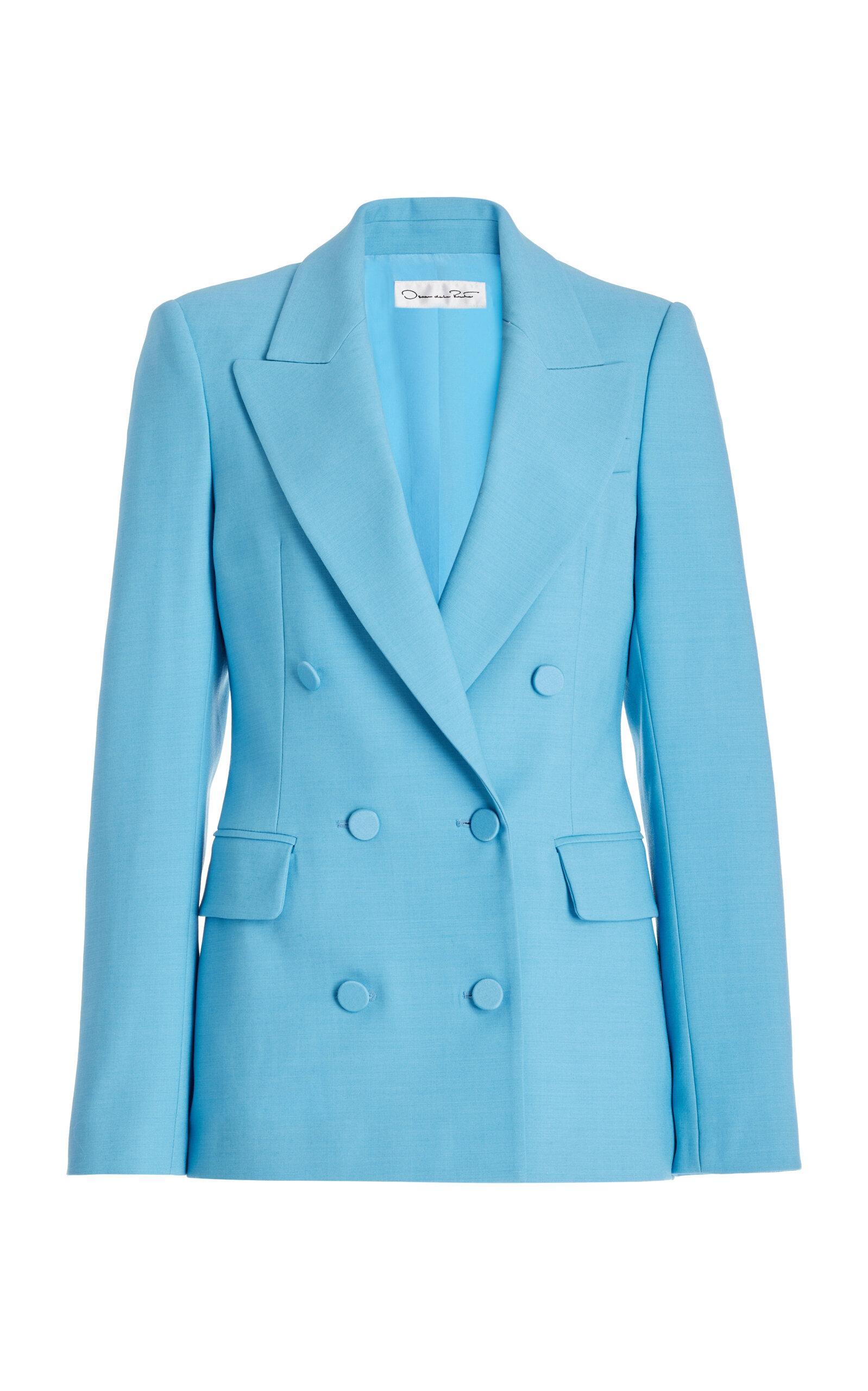 Double-breasted Wool Satin Tailoring Jacket In Powder Blue Product Image