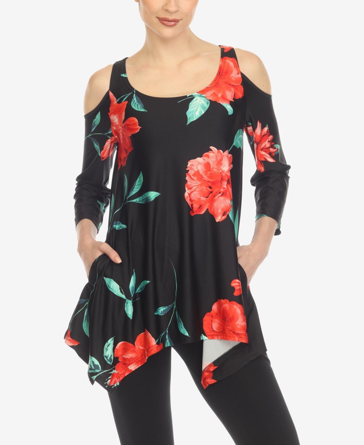 White Mark Womens Floral Printed Cold Shoulder Tunic Top - Black Product Image