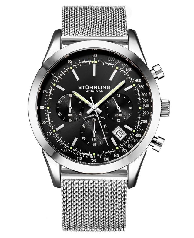 Mens Quartz Chronograph Date Silver-Tone Stainless Steel Mesh Bracelet Watch 44mm Product Image