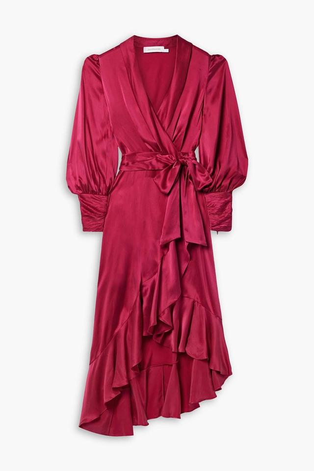 Asymmetric Ruffled Silk-satin Midi Wrap Dress In Crimson Product Image