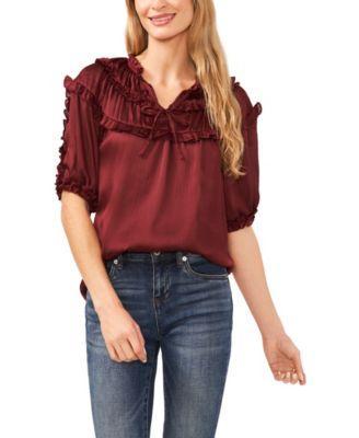 Cece Womens Short Sleeve Shirred Yoke Top with Self Neck Tie Product Image