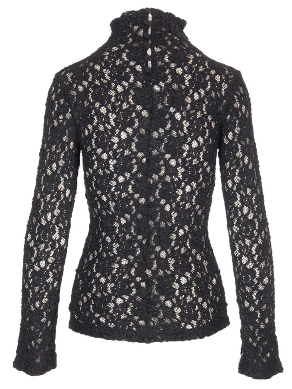 Turtleneck Long-sleeve Smocked Lace Top In Black Product Image