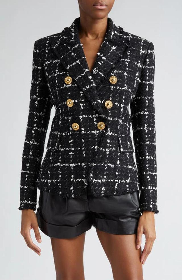 Grid Tweed Double-breasted Blazer In Black White Silver Product Image