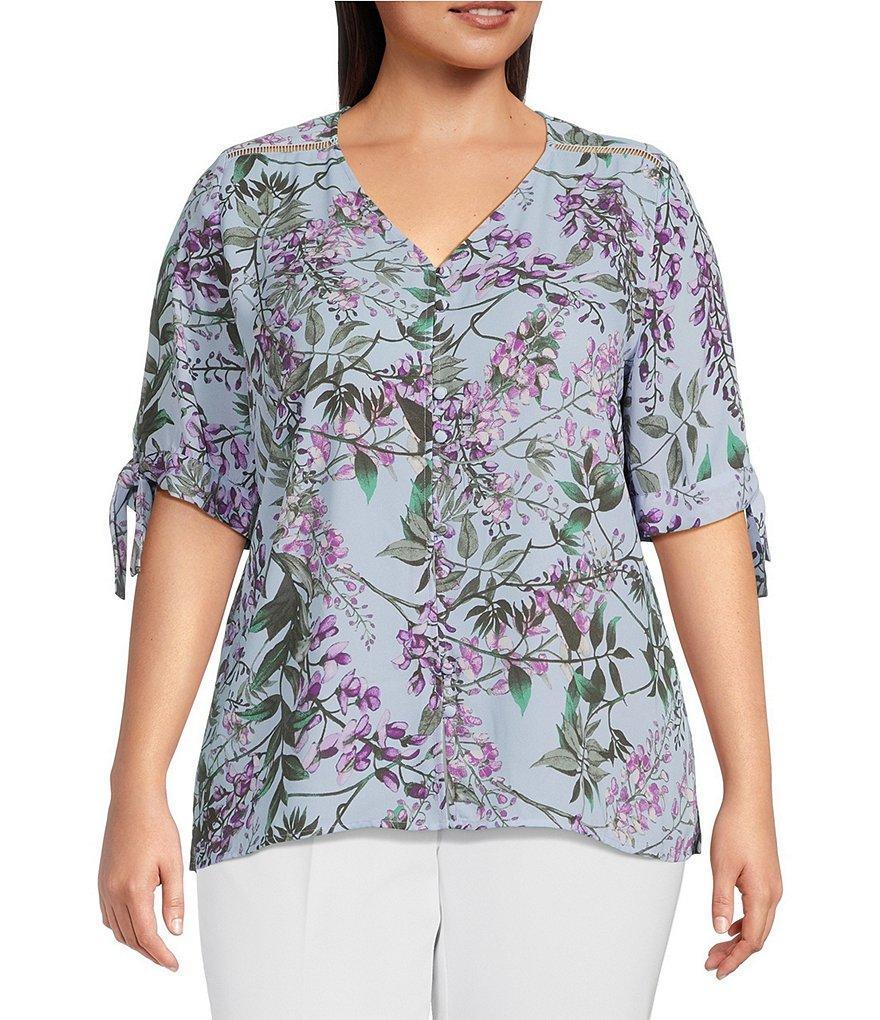 Investments Plus Size Blue Delphinium Print Woven V-Neck 3/4 Tie Sleeve Top Product Image