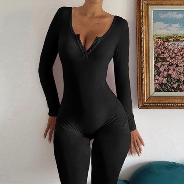 Long-Sleeve Plain Henley Jumpsuit Product Image