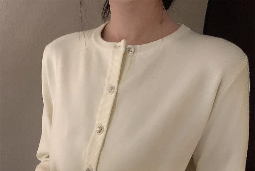 Round Neck Plain Button Up Cropped Cardigan Product Image