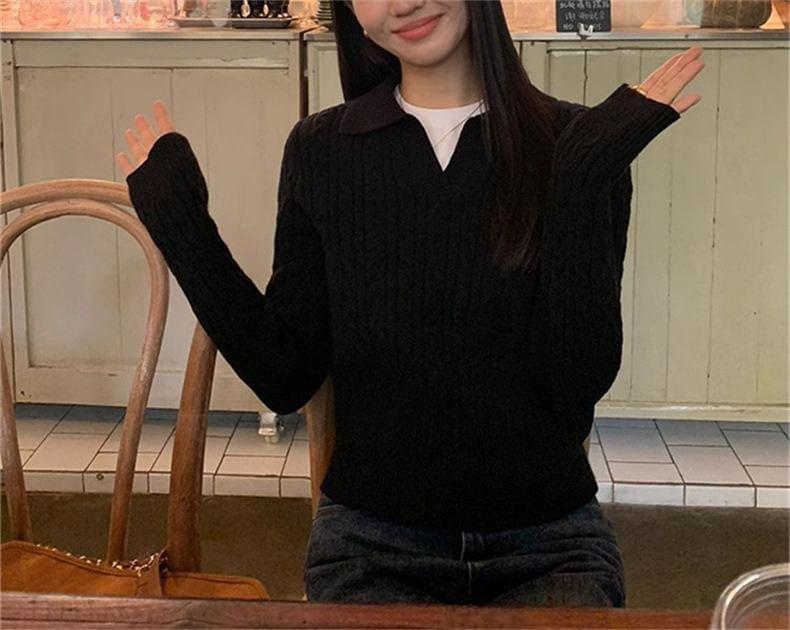 Long-Sleeve Collar V-Neck Plain Cable Knit Top Product Image