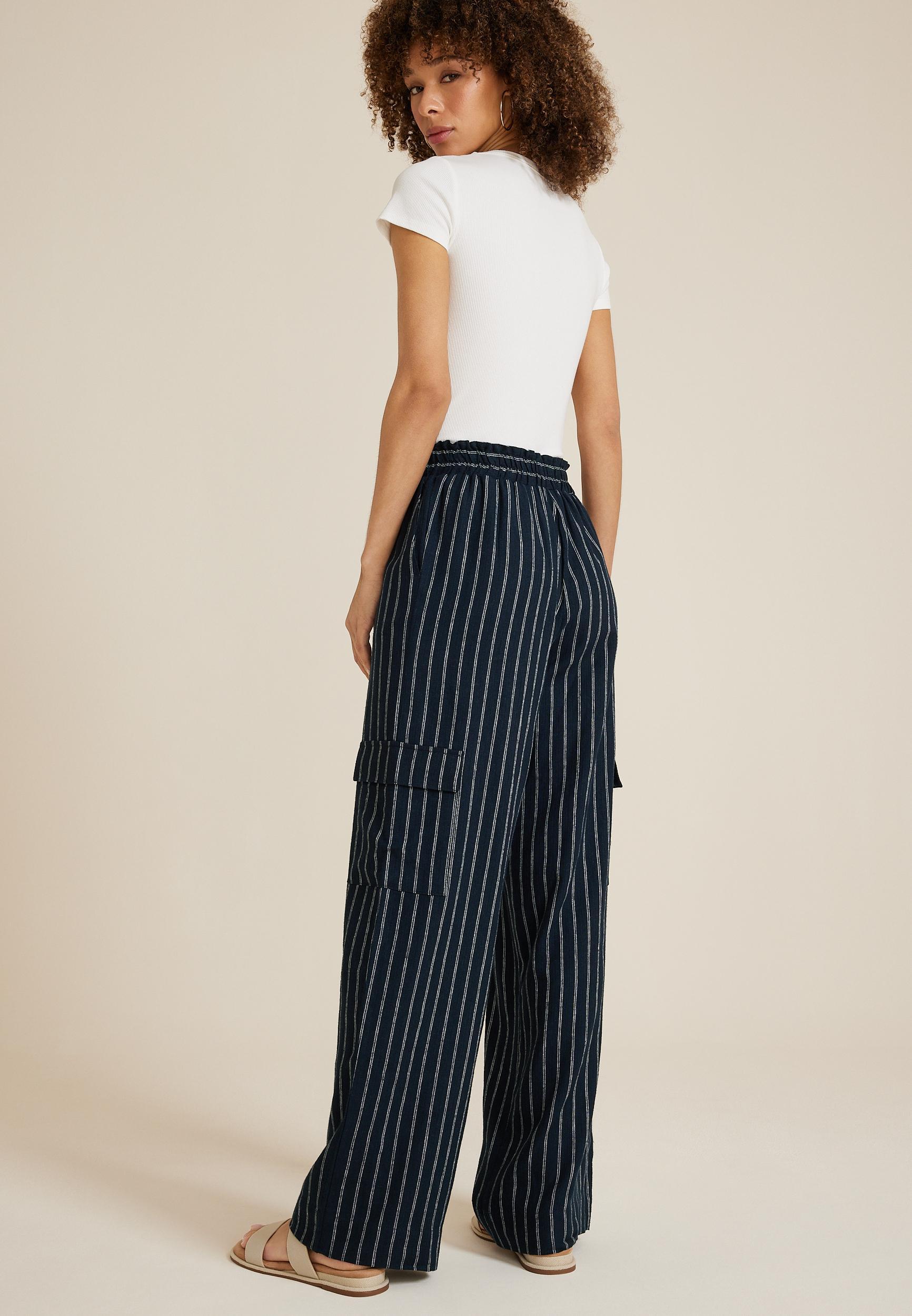 Navy Striped High Rise Wide Leg Cargo Pant Product Image