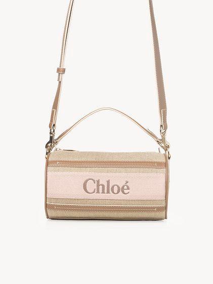 Woody tube shoulder bag in linen & soft leather Product Image