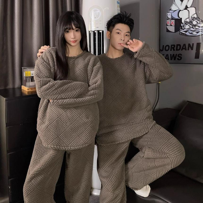 Couple Matching Pajama Set: Crew Neck Plain Quilted Sweatshirt + Pants Product Image