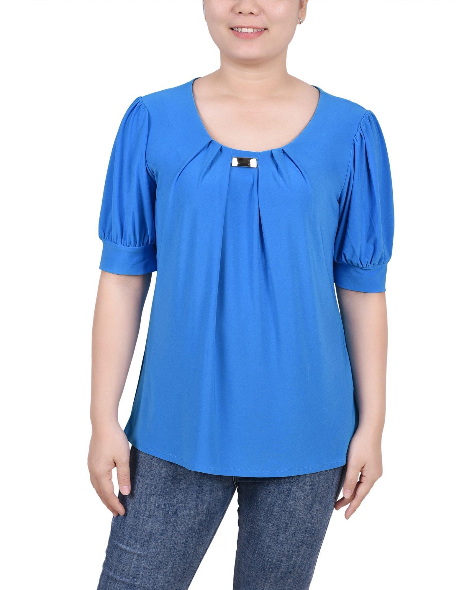 Short Sleeve Balloon Sleeve Top With Hardware - Petite Product Image