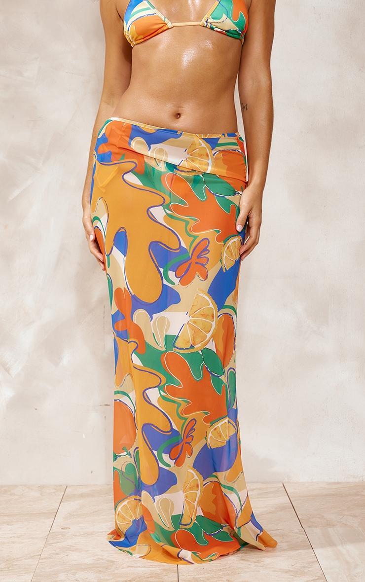 Orange Fruit Abstract Print Mesh Fishtail Maxi Skirt Product Image