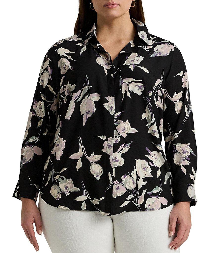 Lauren Ralph Lauren Plus Size Floral Print Crepe Long Sleeve Button Front Shirt Product Image