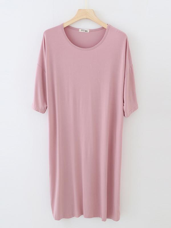 High Waisted Loose Solid Color Split-Joint Round-Neck Pajama Dress Product Image