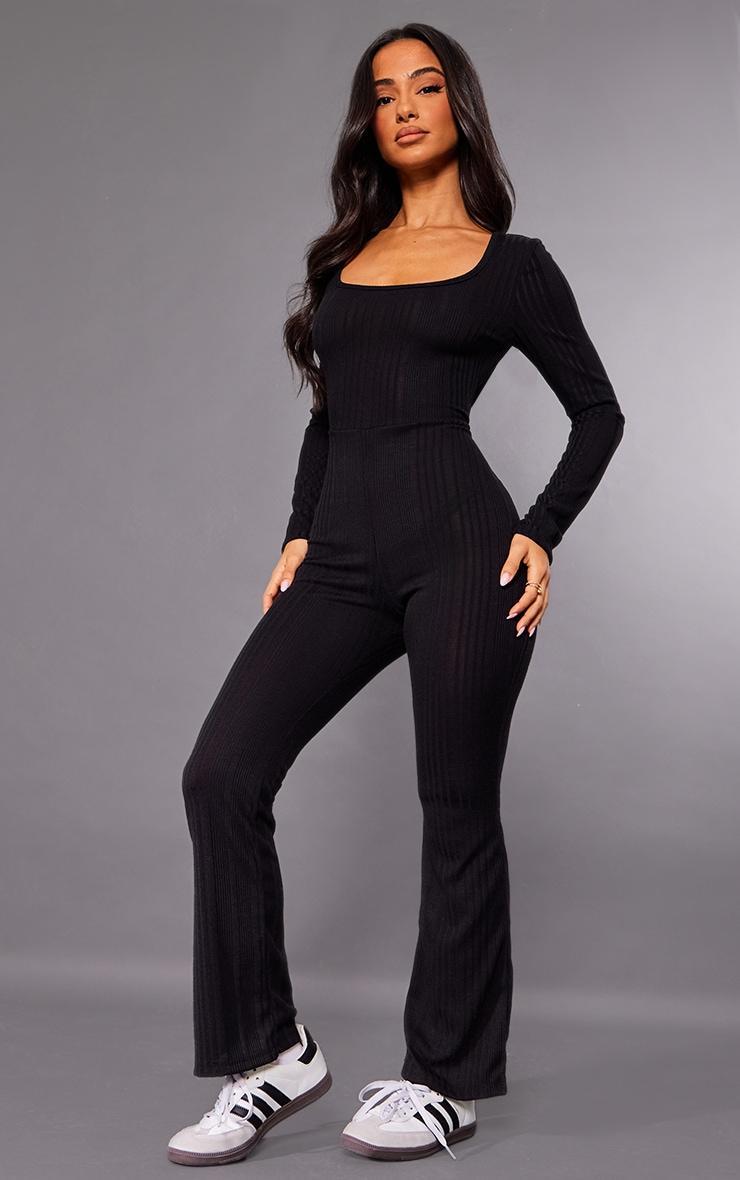 Petite Black Brush Rib Square Neck Jumpsuit Product Image