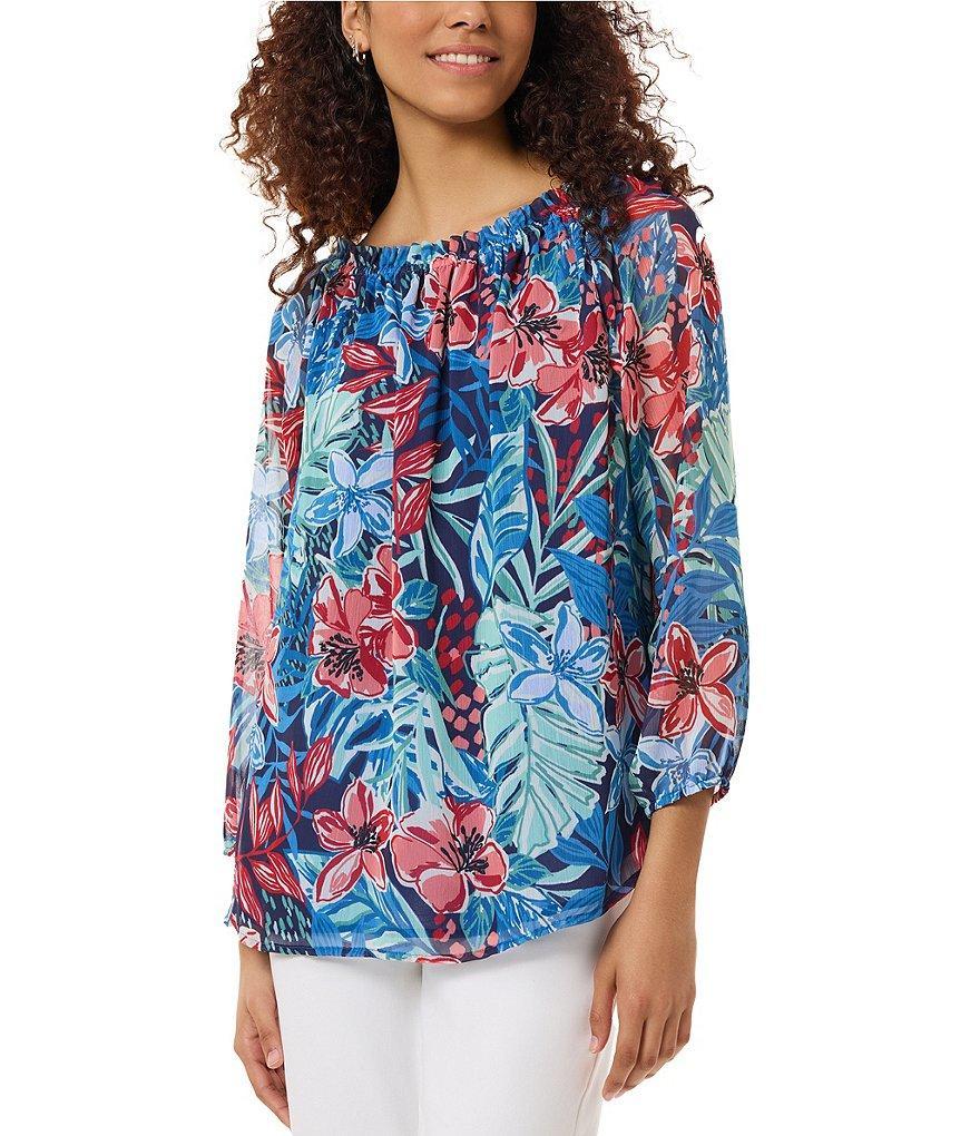 Jones New York Tropical Floral Print Chiffon Off-the-Shoulder Smocked Long Sleeve Top product image