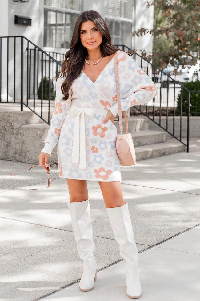 Crisp Fall Cream Multi Floral Belted Sweater Mini Dress Product Image