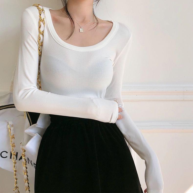 Long-Sleeve Plain Slim-Fit Top Product Image