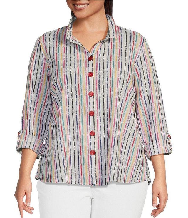 Ali Miles Plus Size Yarn-Dye Textured Stripe Wire Collar Long Roll-Tab Sleeve High-Low Hem Button-Front Tunic Product Image