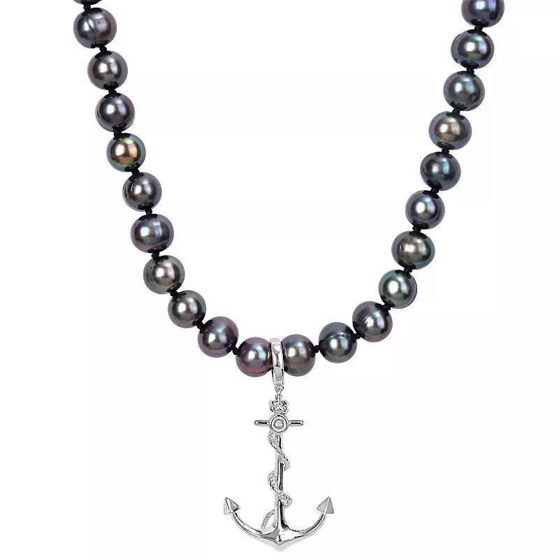 Stella Grace Mens Black Freshwater Cultured Pearl Strand & Anchor Charm Necklace Sterling Silver Product Image