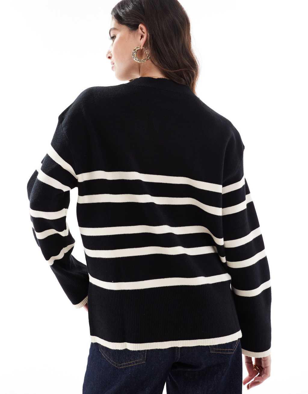 Vero Moda o neck sweater in black with cream stripe Product Image