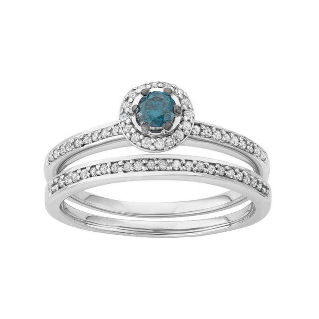 10k White Gold 1/2 Carat T.W. Blue & White Diamond Halo Engagement Ring Set, Womens Product Image