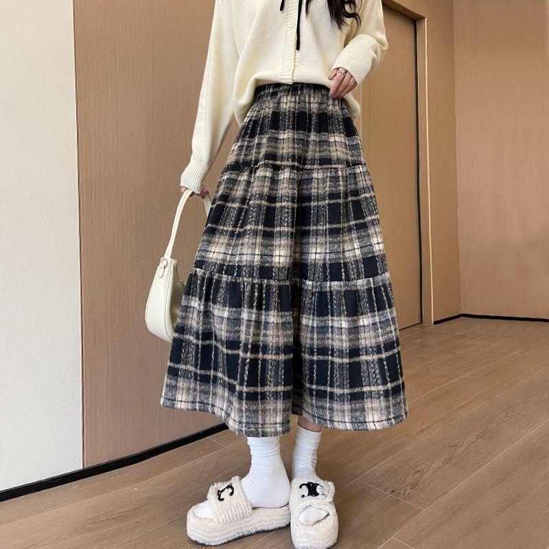 Mid Rise Plaid Midi A-Line Skirt Product Image