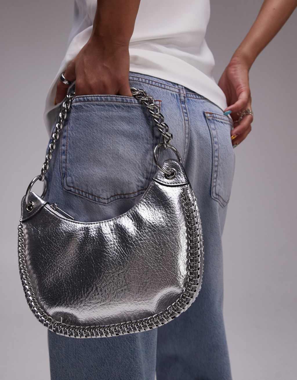 Topshop Sohara scoop shoulder bag with chain detail in silver Product Image