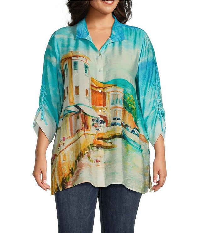 John Mark Plus Size Novelty Scenic Print Point Collar 3/4 Sleeve Button Front Blouse Product Image