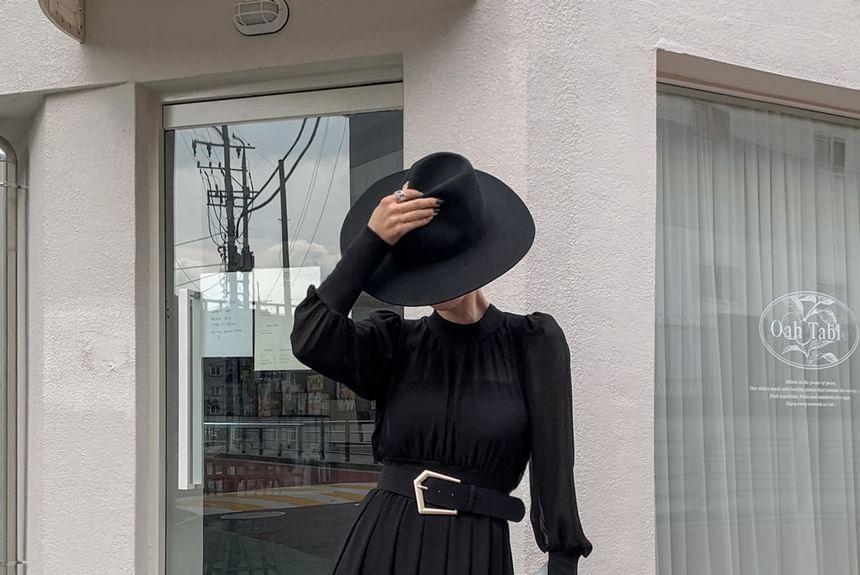 Set: Long-Sleeve See-Through Pleated Midi Dress + Belt Product Image