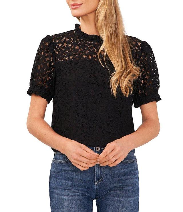 CeCe Short Sleeve Ruffle Mock Neck Lace Illusion Blouse Product Image