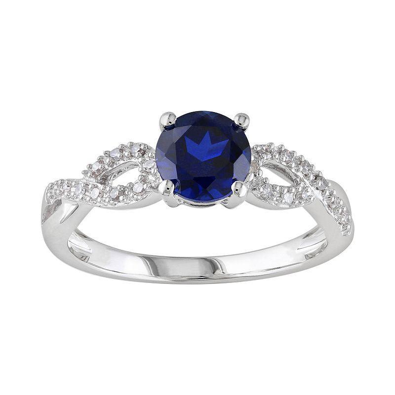 Stella Grace Lab-Created Sapphire and 1/10 Carat T.W. Diamond Engagement Ring in 10k White Gold, Womens Blue Product Image