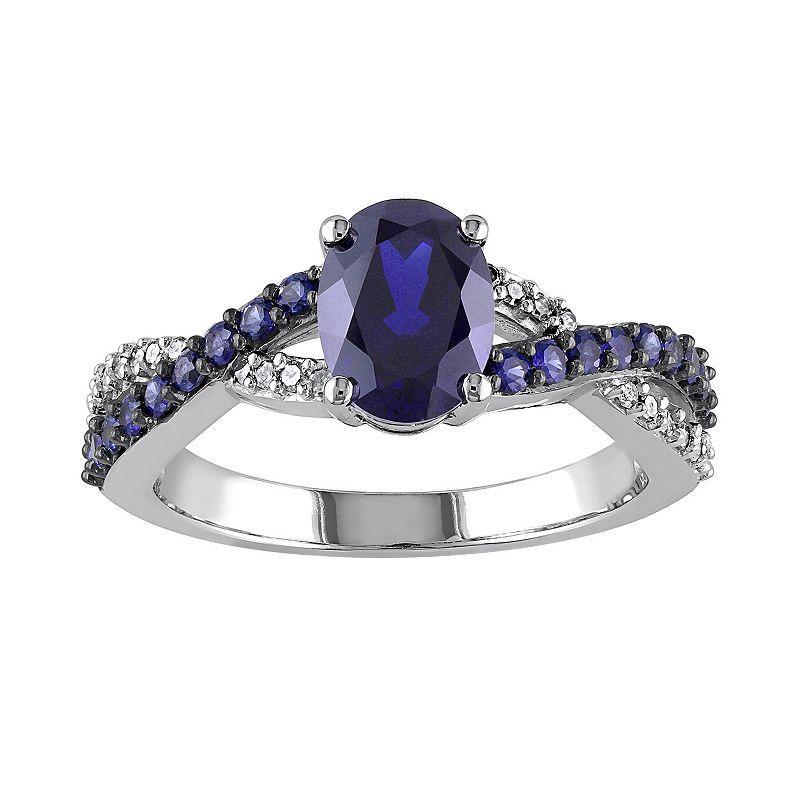 Stella Grace Lab-Created Blue Sapphire and 1/10 Carat T.W. Diamond 10k White Gold Crisscross Ring, Womens Product Image