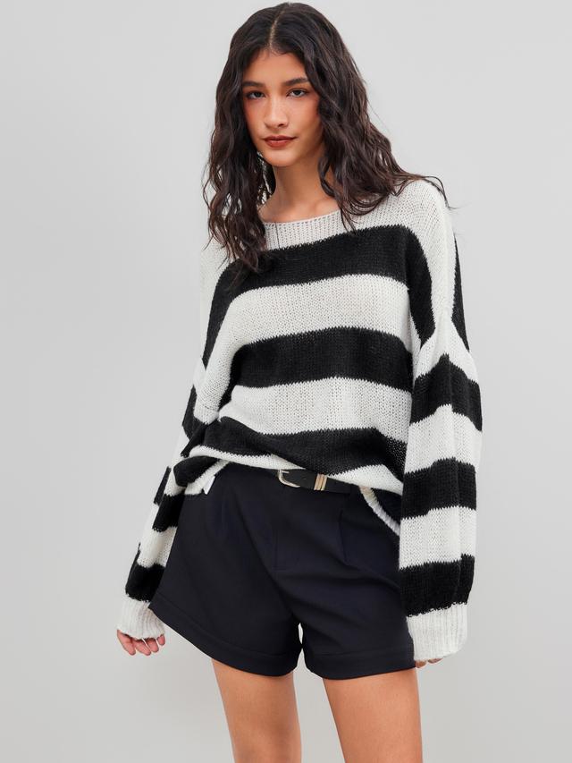 Knit Boat Neckline Striped Long Sleeve Top Product Image