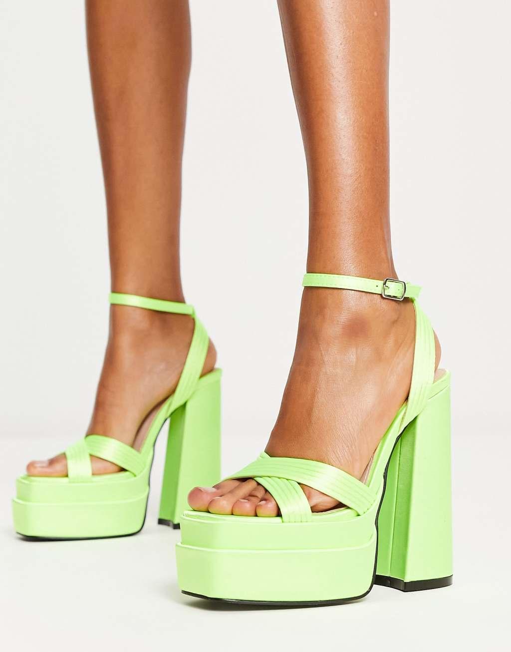 Glamorous satin platform heeled sandals in lime Product Image