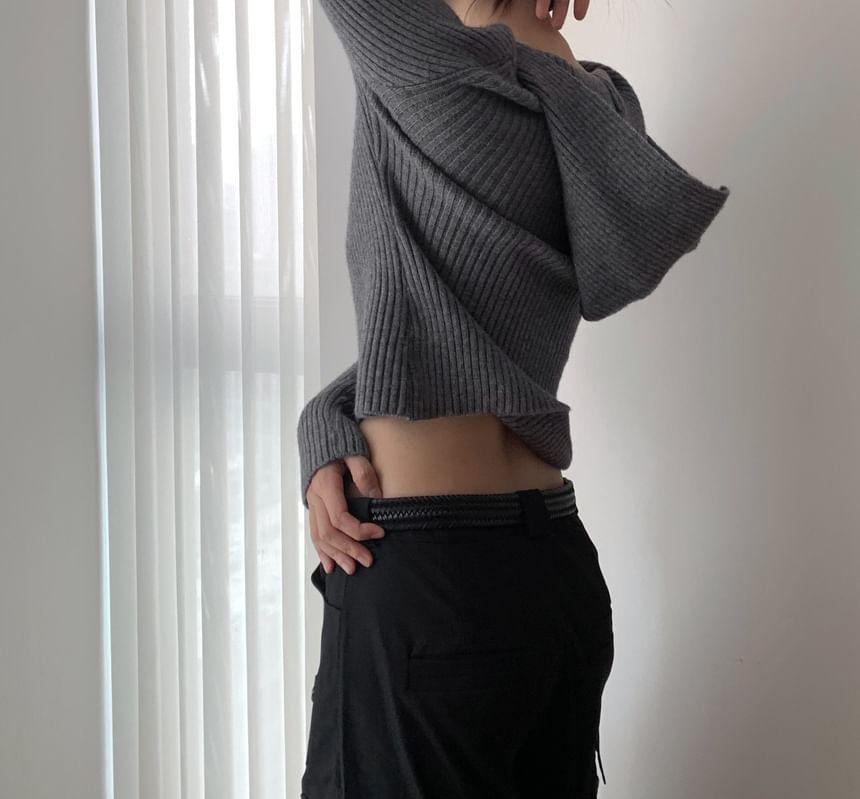 Plain Ribbed Knit Slim Fit Crop Hoodie Product Image